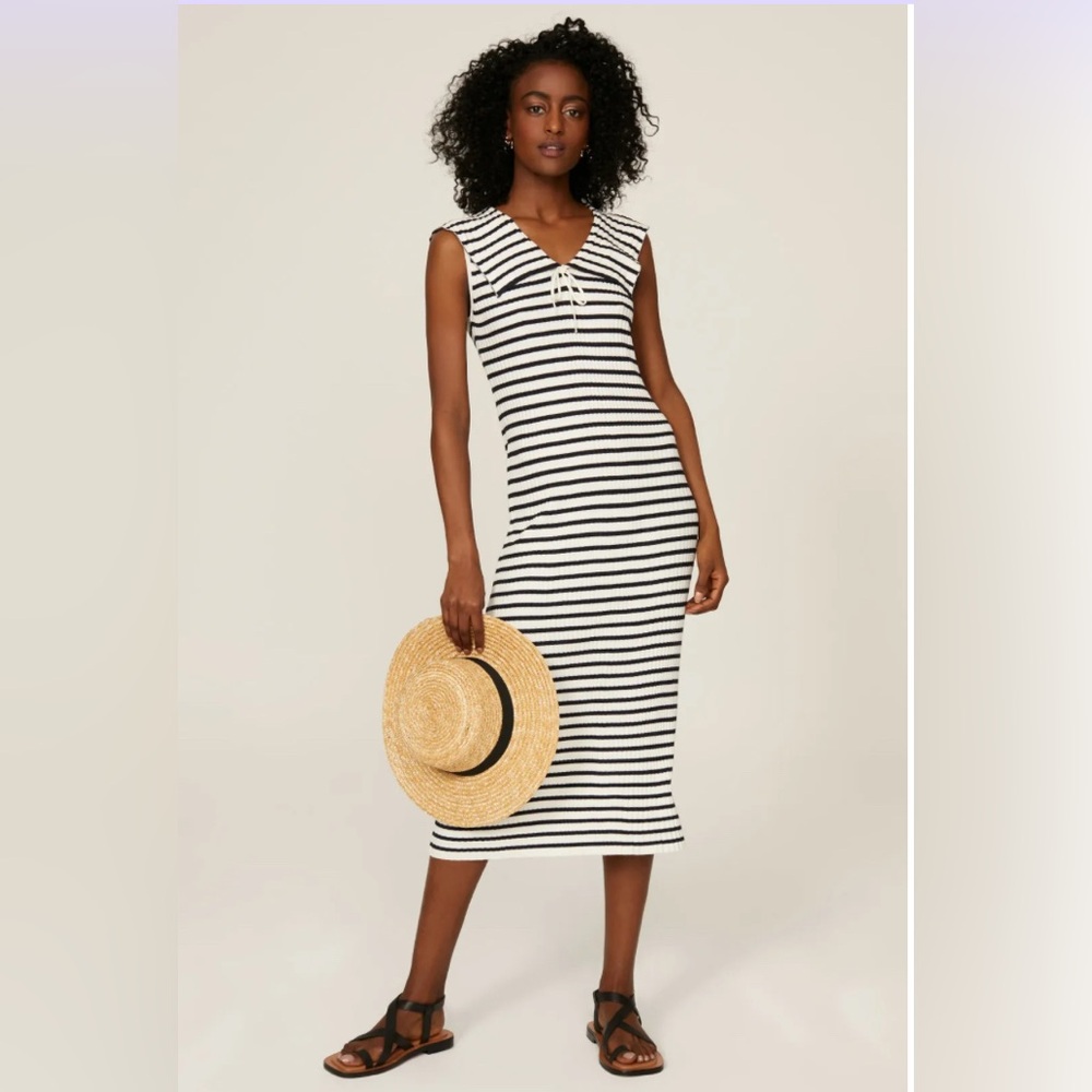 RIXO Black and White Striped Midi Dress